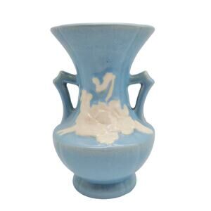Weller Pottery Vase Blue & White Cameo Vintage 1930s Ceramic Violet Flower